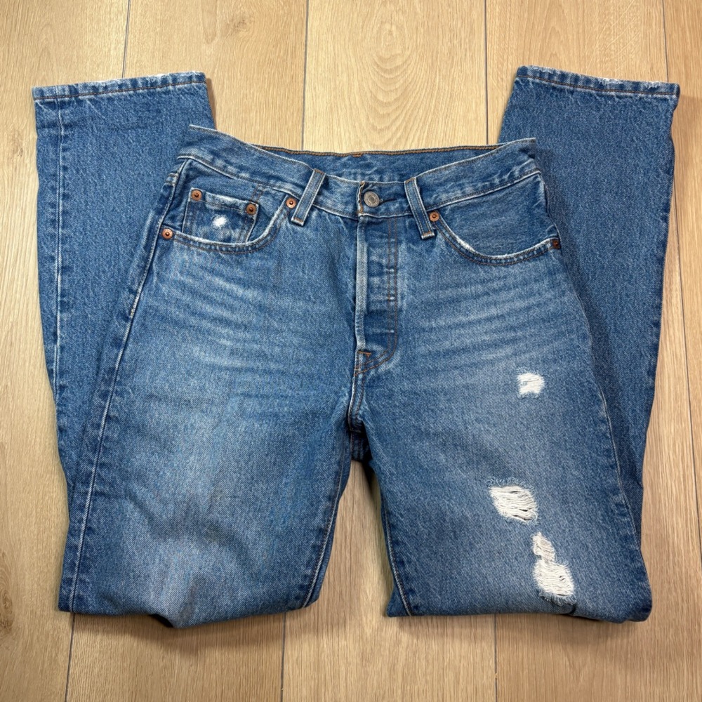 Levis 501 Original Fit Button Fly Distressed Straight Leg Jeans Blue W25 L30